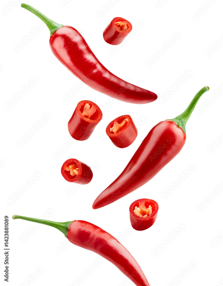 Poster whole and sliced red chili peppers falling against a transparent background, creating a dynamic and 