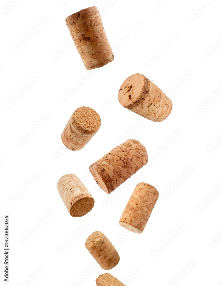 Poster wine corks dropping against translucent surface, including precise cutout path