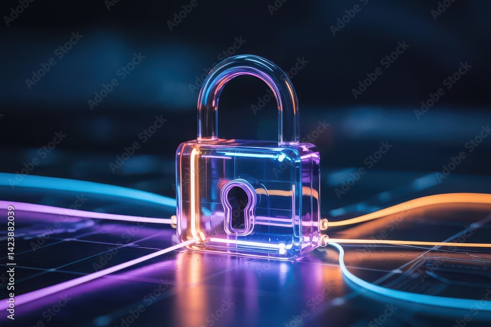 Poster digital security lock with neon glow in cyber environment