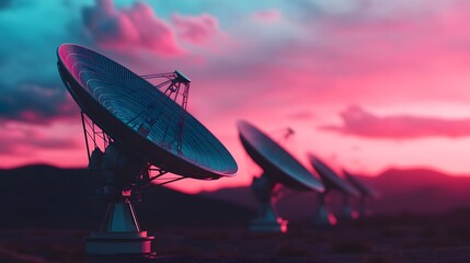 Fototapeta premium Satellite Communication Dishes Silhouetted Against Vibrant Sunset Sky in Remote Landscape