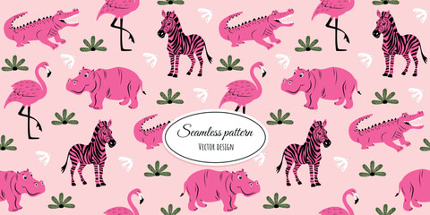Fototapeta premium Modern abstract seamless pattern with hand-drawn pink flamingos, hippos, crocodiles, zebras and birds. Vector design of bed linen, fabric, wallpaper, wrapping paper and more.
