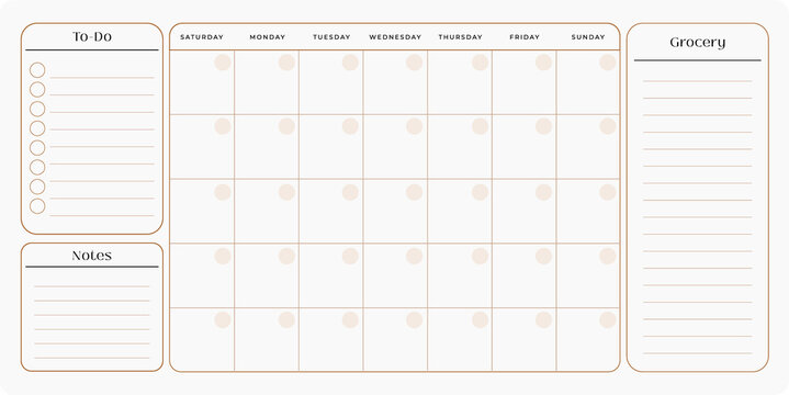 Elegant monthly planner template with calendar grid, to-do list, grocery section, and notes. Ideal for printable or digital organization in a clean, minimalist style.