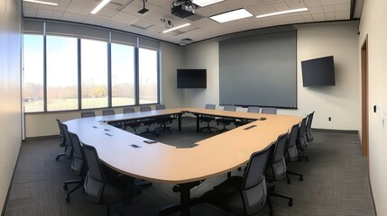 A spacious, empty conference table in a professional meeting room, designed to encourage collaboration