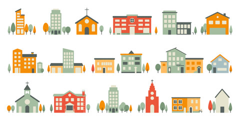 Vector set of abstract house and city building icons, flat colored neighborhood exterior designs for urban and architectural illustrations


