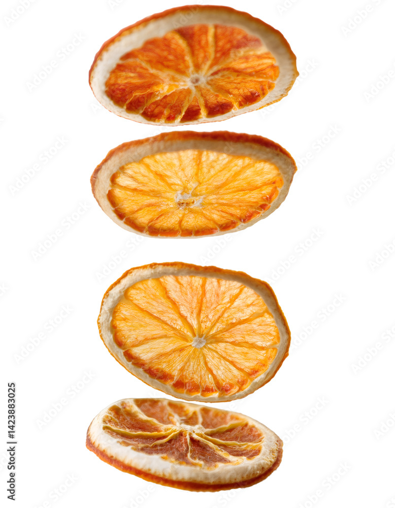 Poster dried citrus fruit slices dropping, casting transparent shadows with dynamic, vibrant color composit