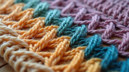 Close-up of colorful knitted fabric with detailed textures and patterns