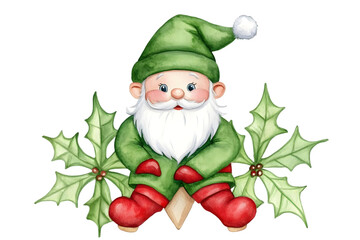 Obraz premium Christmas Elf Watercolor Illustration Wearing Green Outfit and Red Boots