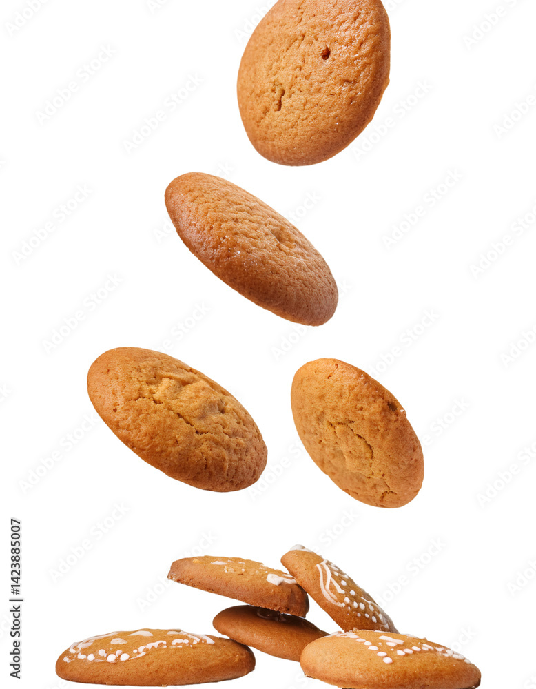 Poster gingerbread cookies falling and decorated with white icing on transparent background with clipping p