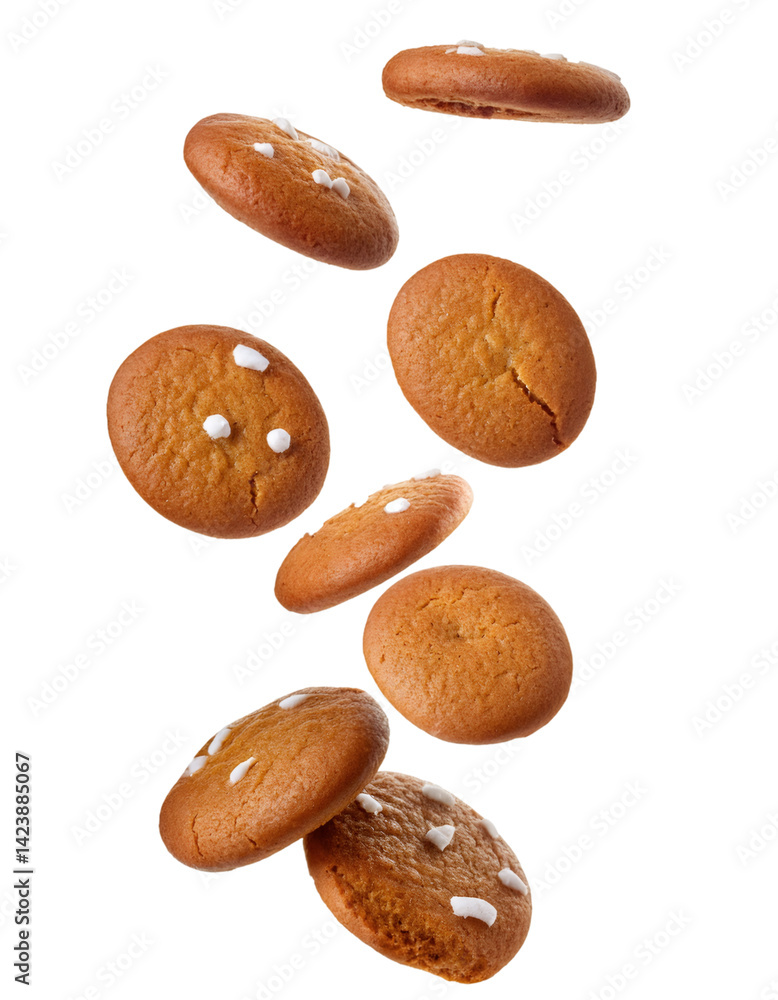 Poster gingerbread cookies falling on transparent background with clipping path