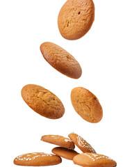 Obraz premium Gingerbread cookies falling and decorated with white icing on transparent background with clipping path