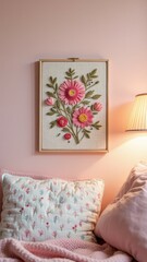 Cozy bedroom decor with framed floral embroidery and soft cushions
