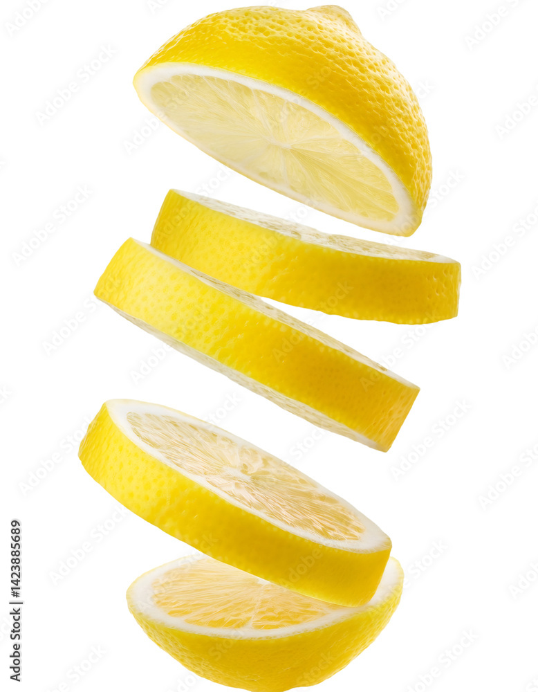 Poster fresh lemon cut into slices falling on transparent background with clipping path