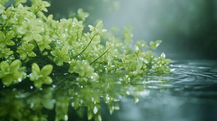 Stunning macro shot showcasing tiny green aquatic flora floating serenely on still water, highlighting intricate textures in natural light.