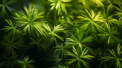 Fototapeta premium Closeup shot of tiny green aquatic plants clustered on a pond surface, showcasing realistic textures and soft focus details.