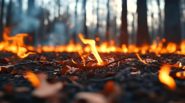 A close-up shot of fiery orange flames engulfing dry leaves and branches on the forest floor. The destructive power of wildfires is evident, urging action in fire safety and ecolog