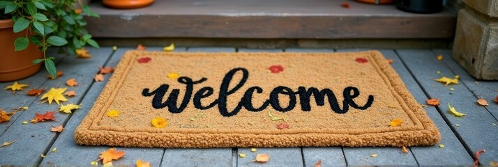 Autumn welcome mat with fall leaves on porch
