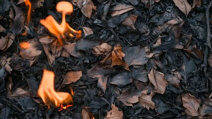 A burning forest floor, with vibrant orange flames devouring dry foliage. The heat and destruction of a wildfire create a dramatic image for fire safety campaigns and environmental