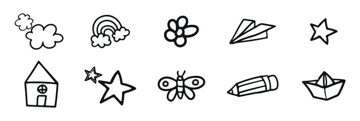 Cute kid background line tree, cloud, flower icon. Hand drawn doodle sketch kid art element set. Flower, heart, cloud children draw style design element background. Vector illustration, vector illustr