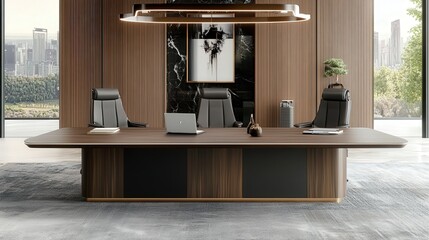 A spacious, uncluttered conference table in a sleek office environment, offering an ideal space for teamwork, creative thinking, and strategic decision-making.