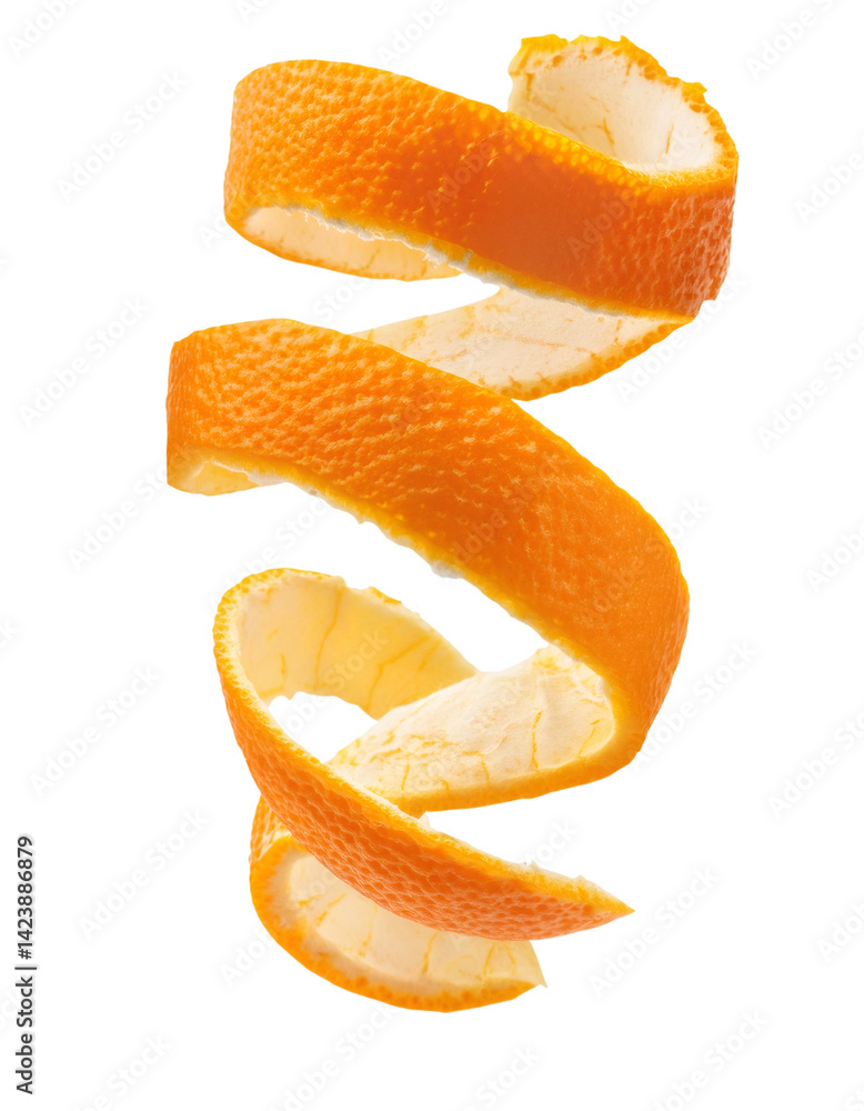 Poster orange zest strips falling and swirling on a transparent background, creating a dynamic and vibrant 