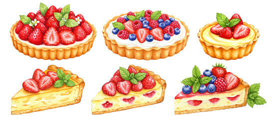 苺とブルーベリーとラズベリーのタルトケーキの水彩風イラストセット ホイップ生クリームのスイーツ
