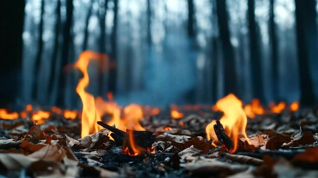 Burning forest floor with bright orange flames flickering among dry, brittle leaves. The destructive scene evokes the need for heightened fire safety education and environmental co