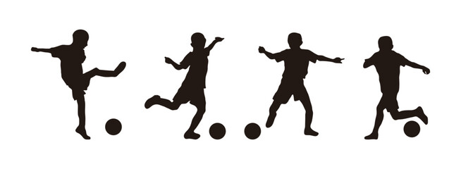 Children’s silhouettes energetically playing soccer, highlighting movement, teamwork, and joy. A dynamic representation of sportsmanship, youth, and fun, perfect for sports-themed content.