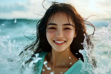 Obraz premium Stunning and hot happy asian young woman in green tight t-shirt enjoying turquoise sea, splashes around her. Happy stress-free retreat getaway idea layout. Bright Ñommercial style.
