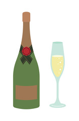 Elegant green champagne bottle with brown label and red seal, set beside a flute of sparkling champagne. Perfect for weddings, festive celebrations, and luxury events.