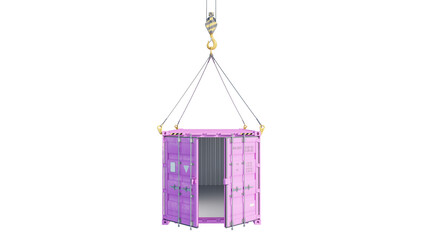 Front view of pink shipping container with open doors suspended by hooks. Copy space. Isolated on a transparent background. 3D illustration.