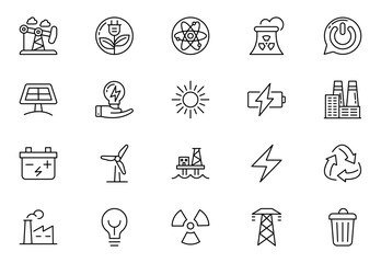 Power energy line icons set. Energy generation station. Vector illustration alternative renewable energy sources included solar, wind, hydro, tidal, geothermal and biomass Editable strokes