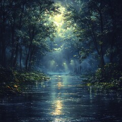 Fototapeta premium Serene river view illuminated by ethereal light through a dense forest