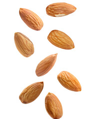 Multiple almond shells falling against a transparent background, ideal for food and beverage projects