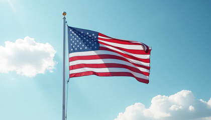Fototapeta premium 4th of July. United States national flag flying on flagpole outdoors in summer light breeze with clear sky, used for patriotic design or holiday tribute visuals