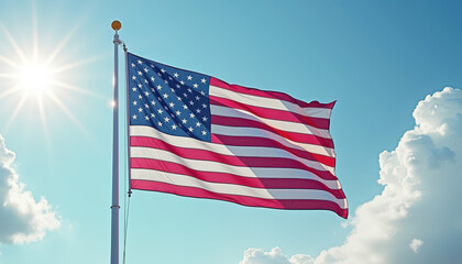Obraz premium 4th of July. Close-up of USA flag fluttering against a bright blue sky, perfect for Independence Day, national pride visuals, or government event promotion