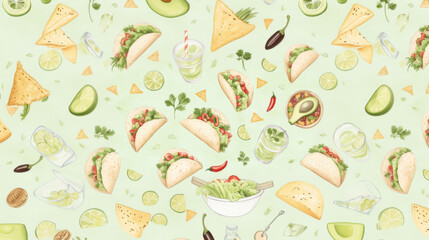 Mexican Tacos and fresh ingredients with light green background, perfect for culinary themes
