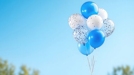 Festive bunch of blue and white balloons against a clear sky.  A vibrant display of party decorations, perfect for celebrations