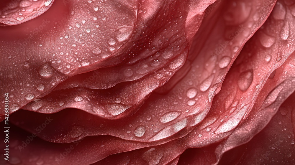 Poster water drops flowing on the surface of a rose leaf. each droplet captures the light, creating an ethe