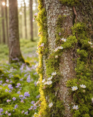 Obraz premium A serene forest scene featuring a moss-covered tree trunk adorned with delicate flowers, surrounded by colorful wildflowers.