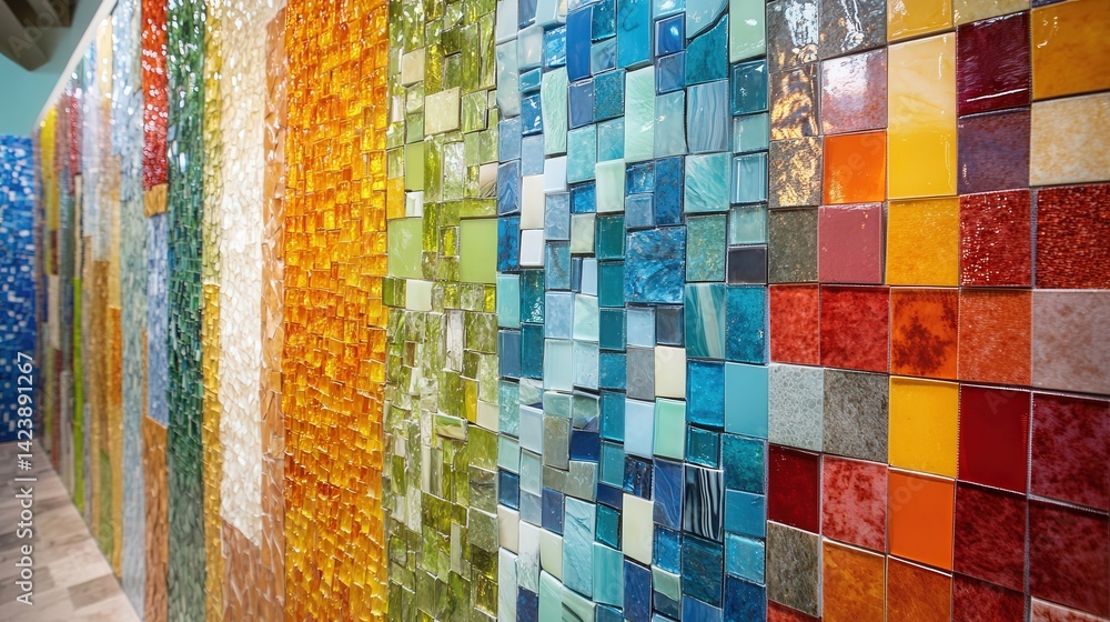 Poster mosaic tiles in a vibrant palette, each tile forming part of an elaborate design, adding color, text