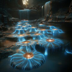 Naklejka premium Ethereal Glow of Bioluminescent Fungi by Tranquil Waterfalls in a Mystical Forest Setting at Dusk, Capturing Nature's Enchantment and Serenity