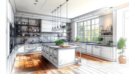 Modern kitchen design sketch.  Luxury home interior.