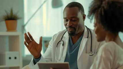 A smiling male physician reviews data on a tablet with a female patient. The modern medical office is a comforting space where data and communication intersect.