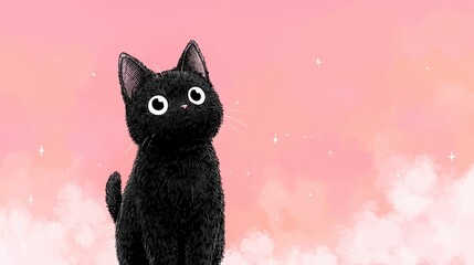 a cute black cat standing upright, big expressive anime eyes, detailed fur, manga style line art, soft pastel background