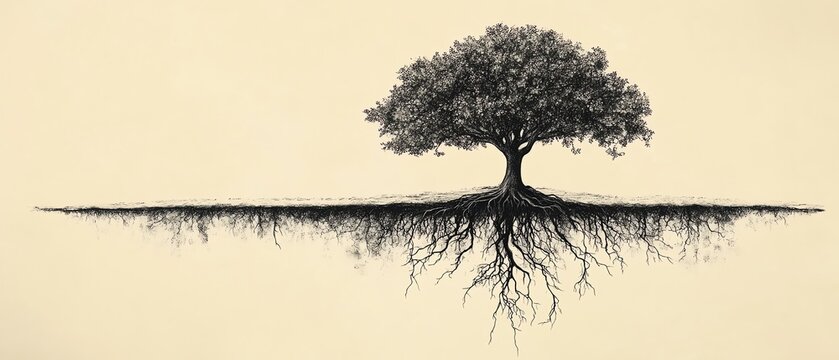 Single tree with exposed roots illustration