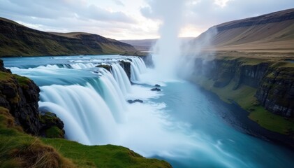 Naklejka premium Smooth, white water cascading down Skogafoss, Iceland, long exposure , outdoor, high resolution, long exposure