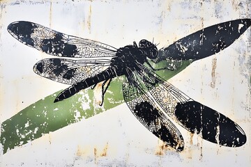 Black and White Dragonfly on Weathered Green Surface