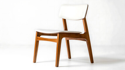 Mid-Century Modern White Leather Dining Chair with Teak Wood Frame