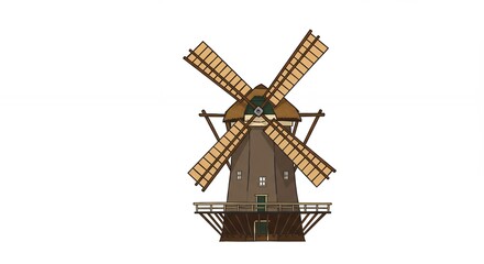Classic windmill illustration vintage style brown beige color palette detailed graphic design