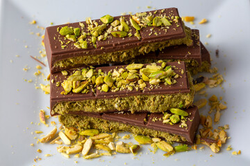 Dubai chocolate, milk chocolate filled with pistachio paste and kunefe